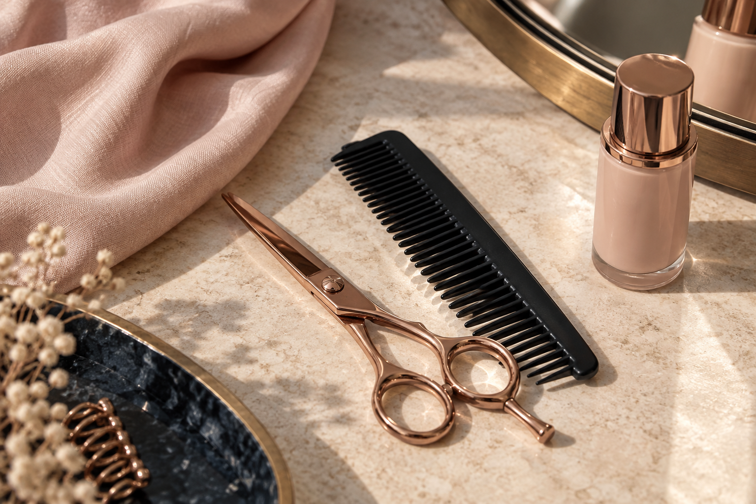 Editorial arrangement of salon scissors, a comb and a beauty bottle